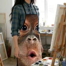 1pc Funny Printed Apron, Novel Animal Face Pattern Kitchen Apron, Unisex Polyester Apron, Suitable For Cooking, Baking, Grilling, Painting, Party And Daily Use - Multicolor - View 2