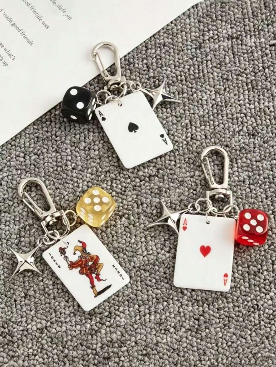 1/3pcs Poker Dice Keychain With Star Pendant, Cartoon Number Theme Decorative Charm, Decorative Keychain For Bags, Car Keys, Single Chain Accessory, Bag Charm, School Car Decor, Cute Gothic Y2K Style Accessory - Multicolor - View 1