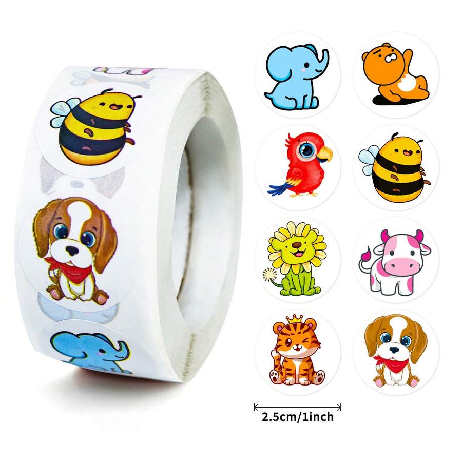 500pcs/Roll Small Animal Roll Stickers, Cartoon Animal Toy Reward Incentive Office Stationery Decoration Labels Seal Stickers Self-Adhesive Sticker Labels - 500 Stickers/roll - View 1
