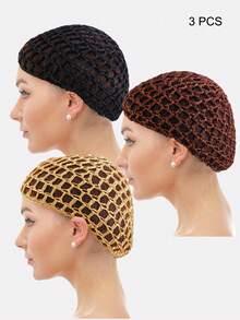 3 piezas Red para el cabello de mujer, gorro de malla de ganchillo hecho a mano, red de protección para el cabello, adecuada para uso diario - Negro/Café/Caqui - Ver 4