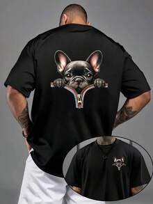 French Bulldog Puppy Double-Sided Print Pattern Men's Fashion-Shirt, Suitable Home Daily Casual Wear And Outdoor Fitness Activities, Popular Style Top, Men's Essential Front And Back Print-Shirt - White - View 6