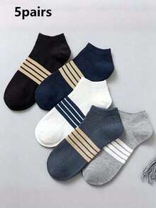 1/5 Pairs Men's Striped Boat Socks, Comfortable Breathable Sports Socks, Moisture-Wicking, Suitable For Daily Wear, Business, All Seasons - Multicolor - View 6