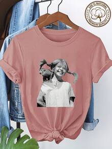 Camiseta Clásica Negra y Blanca con Estampado de Retrato de Mujer Sosteniendo un Pequeño Mono, Camiseta de Manga Corta con Cuello Redondo Transpirable para Mujer en Estilo Artístico Vintage para Uso Diario 4429A - Blanco - Ver 4