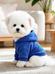 PETCIRCLE 1件寵物衣物 狗貓衣服 室內外穿搭 小狗幼犬 春秋舒適套頭連帽衫 附帽印花運動衫系列 素色運動衫 - 寶藍色 + 熱轉印貼布 逼真可愛 - 藍色 - 查看 3
