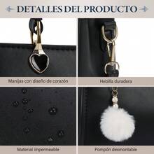 Bolsa de Mano Elegante de PU Impermeable con Pompon Desmontable, doble forma de uso, múltiples bolsillos, ideal para oficina, mercados, playa y paseos turísticos - Negro - Ver 8