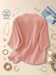Plus Size Women's Casual Loose Embroidery Detail Blouse, Spring/Summer Pink - Pink - View 2