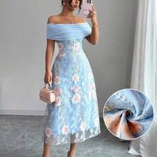 jianchaimaoyi02  Vestido de verano con hombros descubiertos, volantes, corte y panel de malla bordado para mujer - Azul - Ver 7