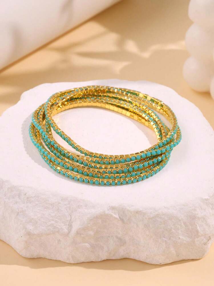 6pcs/Set Fashionable Unique Design Exquisite Shiny Premium Elegant Luxury Colorful Minimalist Stretchy Rhinestone Bracelet Set For Women Daily Wear Holiday Party Jewelry - Multicolor - View 5