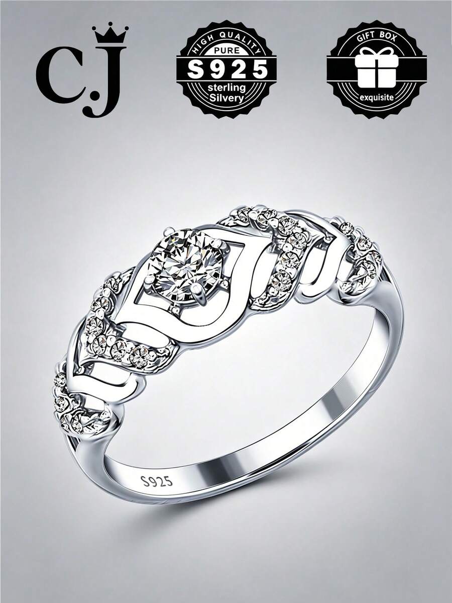 1 buah Cincin Mewah Berongga Bentuk Tali Kepang Perak Sterling S925 dengan Zirkonia Kubik Sintetis, Hadiah Romantis untuk Wanita untuk Pemakaian Sehari-hari, Dilengkapi dengan Kotak Hadiah - Perak - View 1
