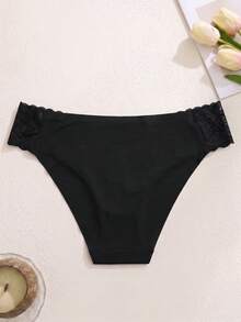 European And American Sexy Ice Silk Lace Patchwork Solid Color Women's Triangle Panties - Black - View 7