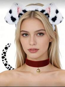 1/2/3pcs Dalmatian Adult Costume Set, Includes Puppy Ear Headband, Dog Tail, Red Collar, Suitable For Students, Women, Halloween Accessories - Multicolor - View 2