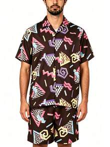 2er Set (Top + Shorts) Retro 80er/90er Jahre Disco Outfit, Hawaii-Stil Shorts Set für Herren (Unterhemd nicht enthalten) - Schwarz - Übersicht 5