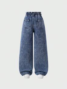 Girls' Casual Street Cool Fashion Distressed White Splatter Denim Wide Leg Pants, Comfortable Everyday Wear For Autumn/Winter - Dark Wash - View 3