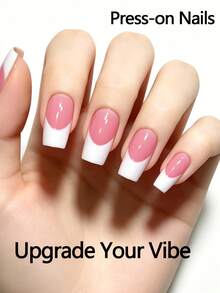 120Pcs Medium Long Square Press On Nails, 5 Strips Set - Sweet Style Simple French White False Nails, Multiple Colors & Designs To Choose - Multicolor - View 5