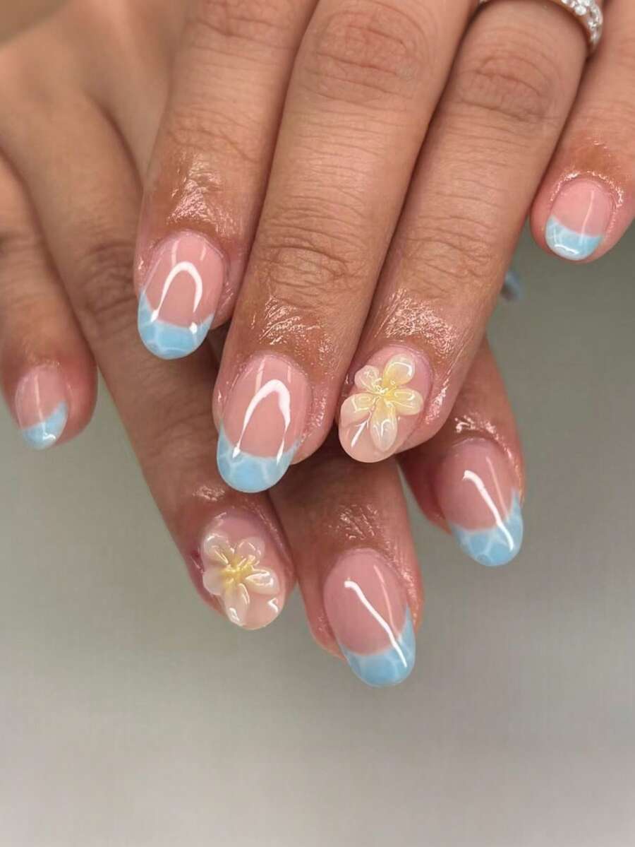30pcs Short Oval 3D Gel Nail Stickers With Pearl, French Manicure Design, Short Nail Wraps Perfect Fit, Includes: 1 Sheet Jelly Stickers & 1 Nail File - 彩色 - 查看 1