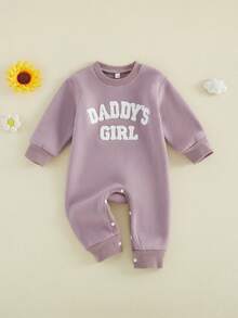 Baby Girls Jumpsuit, Long Sleeve Crew Neck Embroidery Letters Casual Romper Clothes - Purple - View 6