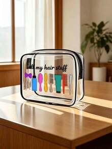PVC 化妝包，印有髮飾圖案與「All My Hair Stuff」字樣，防水盥洗包，多功能化妝包，可收納髮夾、髮圈等，紅色墊層便攜收納包，化妝包，護膚包，旅行必備，宿舍用品，浴室收納，珠寶收納 - 彩色 - 查看 15