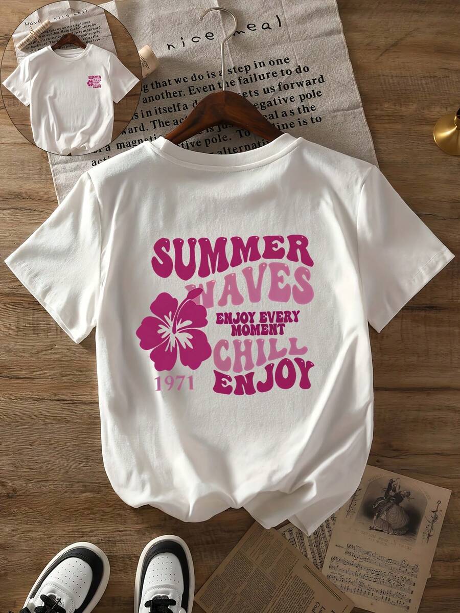 Minimalist. 100% Cotton. T-Shirt With Floral Print And Simple Slogan, Short Sleeves, Round Neck, Casual Top, Suitable For Spring, Summer, And Autumn, Women's Clothing. Spring/Summer Top.