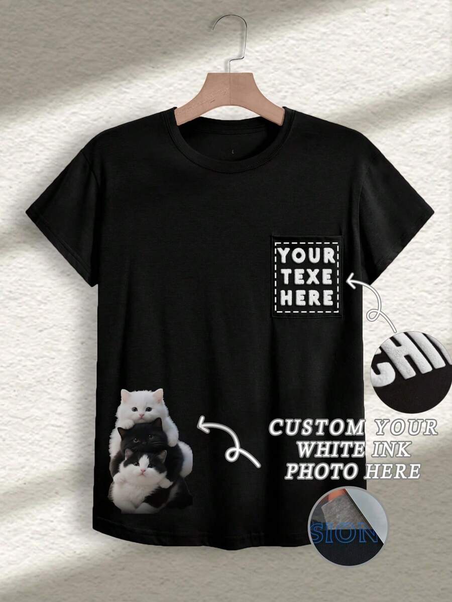 DIY 女款個性化客製化 T 恤,女款口袋短袖 T 恤,可輸入文字,驚喜禮物,運動風 - 黑色 - 查看 1