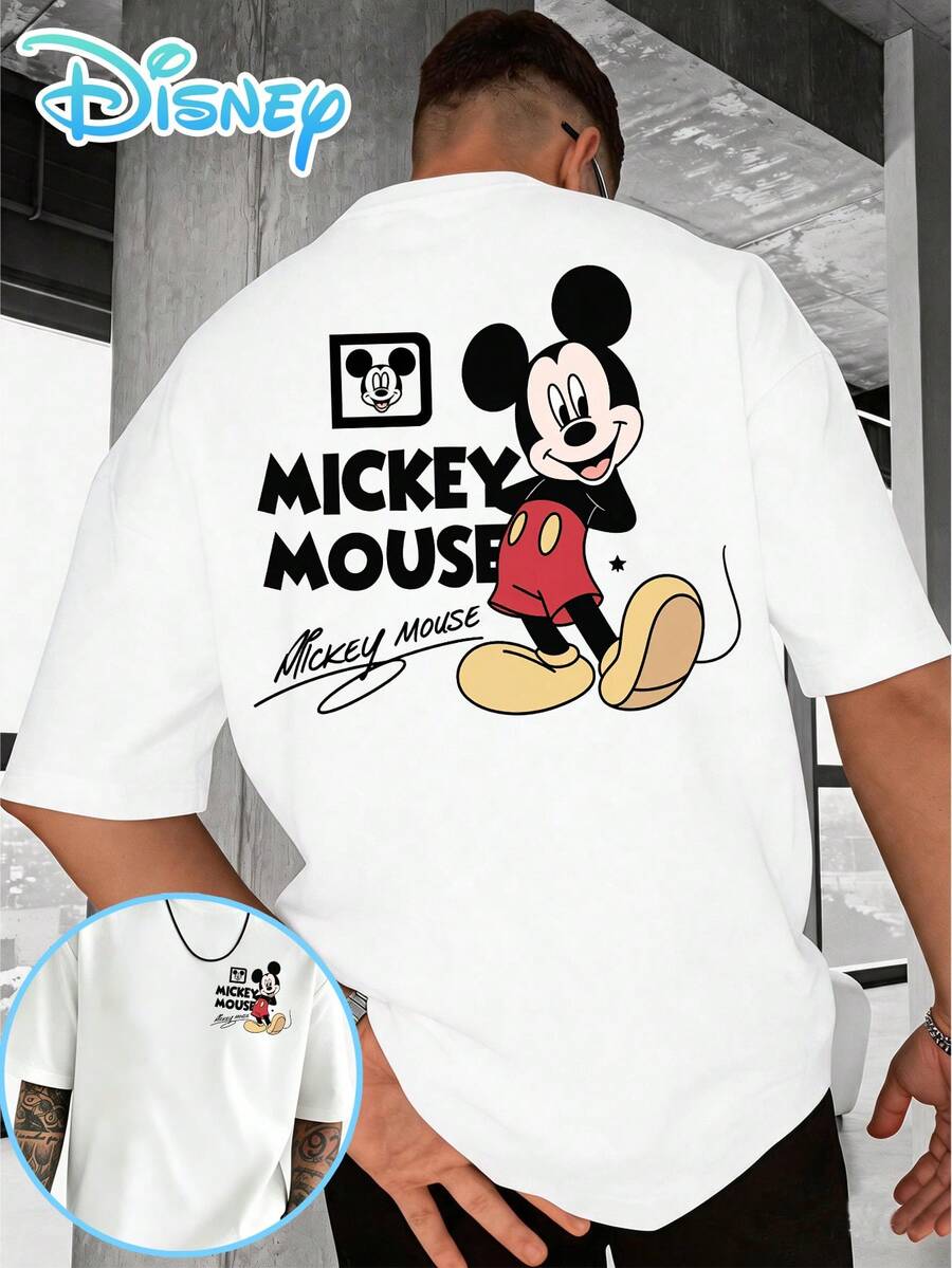 Disney T-Shirt Casual For Men With Cartoon Stamp, Theme Mickey Mouse Firmato, In Pure Cotton, Manicure Corte E Ampie, Casual Style, Street Fashion Shirt, Outdoor Sports Shirt, Suit For The Quotidiano, Estivo Shirt, Cartoon Shirt For Men - 白色 - 查看 1