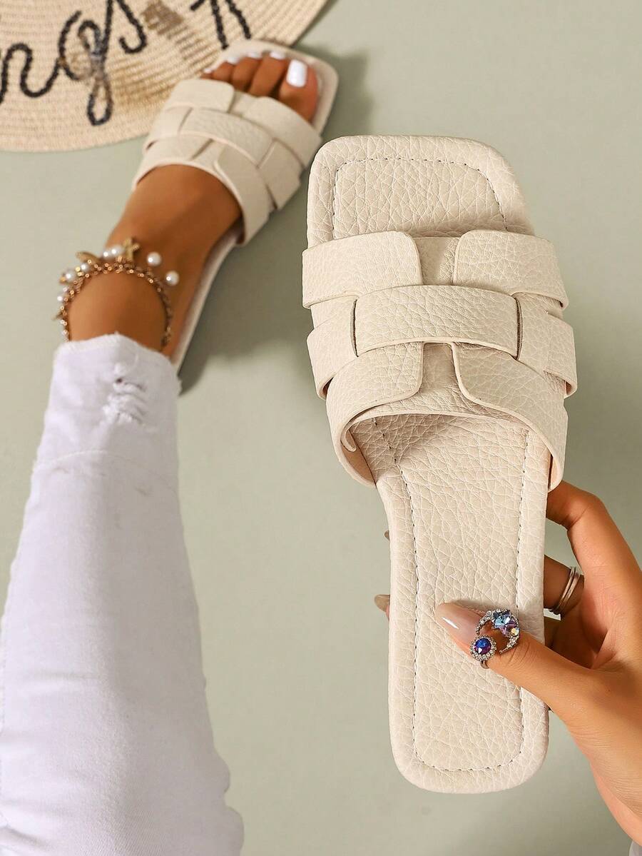 Ximi Ruo Women's New Spring/Summer Fashion Casual One-Strap Slide Sandals, Comfortable Flat Heel Beach Shoes, Low Heel Round Toe Minimalist Versatile Decorative Slides For Outdoor Wear - Beige - View 1