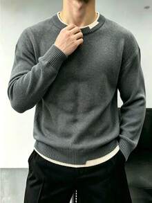 Men's Stylish 2 In 1 Crew Neck Long Sleeve Knit Sweater, Minimalist Versatile Layering Pullover, Spring/Autumn - Grey - View 5