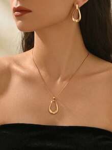 2pcs/Set Autumn/Winter Elegant Minimalist Necklace + Stud Earrings Women's Jewelry Set, Fashion Geometric Hollow Circle & Water Drop Pendant, Flat Snake Chain & Round Snake Chain Double Layer Design Clavicle Chain, Daily Casual, Party, Holiday Versatile Accessory - Yellow Gold - View 5