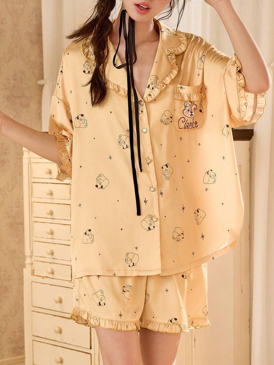 Gongdie Disney 2件組迪士尼女款睡衣套裝,夏季柔軟絲滑涼爽荷葉邊飾卡通印花家居服 - 黃色 - 查看 1