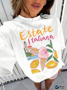 Women's Casual Holiday T-Shirt With An "Italian Summer" Print Featuring Italian Summer Gelato And Lemon Architecture. Regular Fit T-Shirt Made From 100% Cotton, 180 Gsm Fabric. Brand: Orca. Suitable For Casual Wear, Outdoor Activities, Sports, Vacations, Gifts, And Other Occasions. Plus Size T-Shirt Suitable For Everyday Wear And Outings. - 白色 - 查看 1