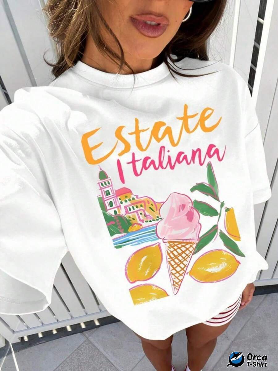 Women's Casual Holiday T-Shirt With An "Italian Summer" Print Featuring Italian Summer Gelato And Lemon Architecture. Regular Fit T-Shirt Made From 100% Cotton, 180 Gsm Fabric. Brand: Orca. Suitable For Casual Wear, Outdoor Activities, Sports, Vacations, Gifts, And Other Occasions. Plus Size T-Shirt Suitable For Everyday Wear And Outings. - 白色 - 查看 1