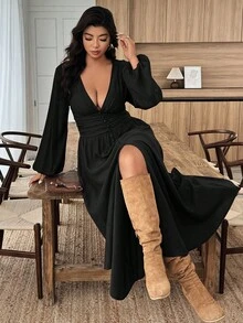 Vestido de manga abullonada con cuello en V profundo y bajo con abertura, estilo urbano chic talla grande, adecuado para volver al colegio, Día del Maestro, invitado de boda, fiesta de cumpleaños, otoño/invierno, Halloween y otras ocasiones - Negro - Ver 1