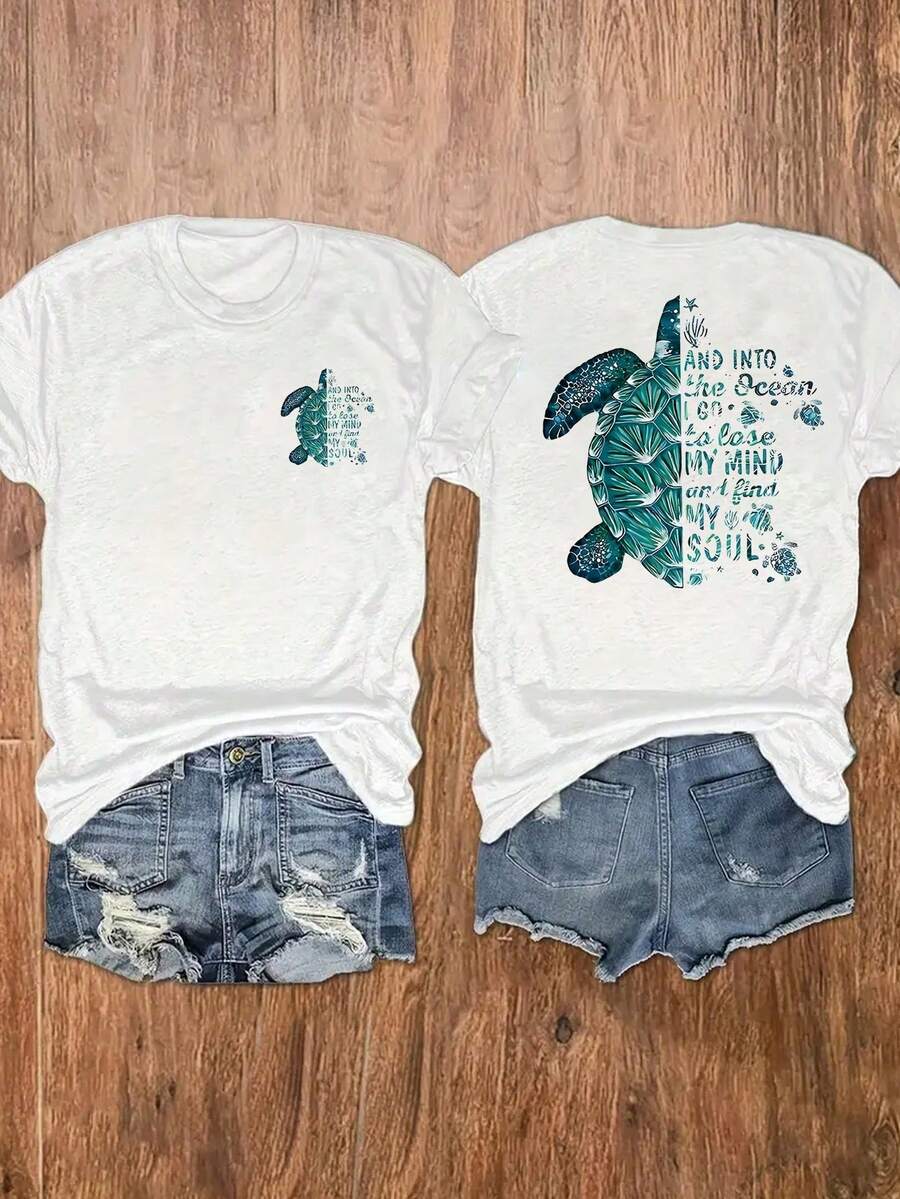 Sea Turtle Print T-Shirt, Casual Short-Sleeved Crew Neck T-Shirt, Suitable For Spring And Summer, Women's Clothing. Classic Black Crew Neck T-Shirt Made Of Pure Cotton. - 白色 - 查看 1