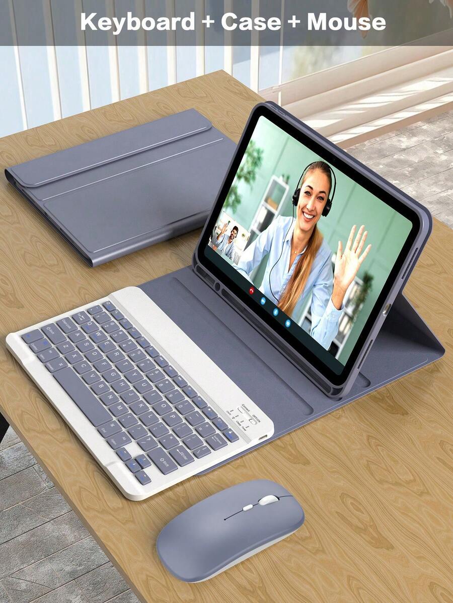 Shockproof Solid Color Flip Pad Case With Keyboard 2-In-1 Wireless Keyboard & Protective Case Set Compatible With IPad 5/6/7/8/9/10, Pro 11, Air 1/2/3/4/5/6 Detachable Wireless Keyboard (150mAh Battery) And Protective Case With Stylus Slot Light Gray/Purple Easter Gift Spring Pastel Birthday Anniversary Party