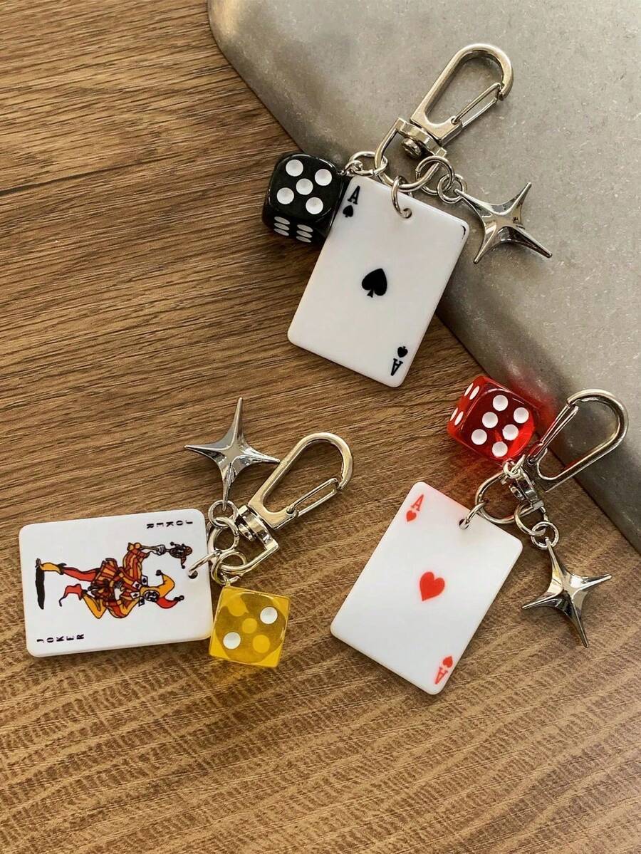 1/3pcs Poker Card Dice Keychain With Star Pendant, Spade Diamond Club Alloy Metal Keychain, Decorative Keychain, Can Be Hung On Bags, Cartoon Number Theme Accessory, Car Keychain, Pendant, Phone Chain, Car Hanging Ornament, Key Chain - Multicolor - View 1