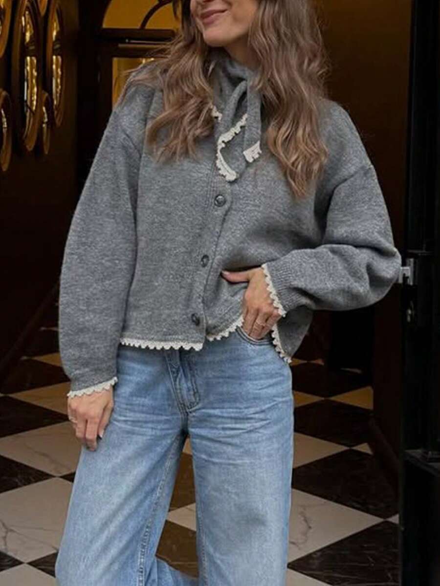 Women's Grey Lace Trim Knit Cardigan, Button-Up Loose Long Sleeve Sweater Fall Winter New For Back To School Layering - Grey - View 1
