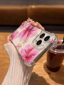 1pc Fashionable Pink Floral Print Phone Case, Soft TPU Shockproof Full Protection Cover Compatible With IPhone 17, 17 Pro, 17 Pro Max, 16 Pro Max, 16/15/14/13/12/11 Pro Max, Spring Anniversary Gift - Clear - View 3