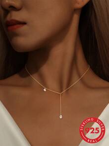 1pc 925 Sterling Silver Y-Shaped Pendant Necklace, Minimalist Necklace For Women, Suitable For Daily Wear And Bridal Jewelry, Exquisite Jewelry - Gold - View 14