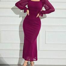 xuehuamaoyi02  Vestido de mujer de unicolor, cuello en V, manga larga, plisado, ajuste slim - Morado - Ver 5