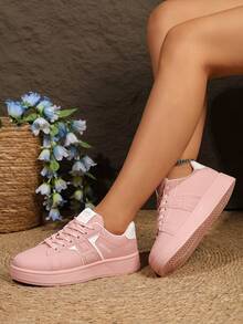Zapatillas deportivas de mujer 2026 rosa brillante con suela gruesa, zapatos casuales de cuero PU suave con cordones, zapatos deportivos cómodos con suela gruesa antideslizante, adecuados para uso diario y ropa de calle - Rosa - Ver 8