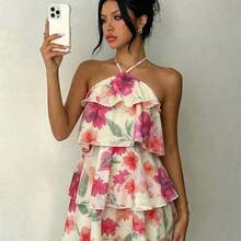 dagjydgfyja Vestido elegante de verano con estampado floral, cuello halter y volantes en el bajo para mujer - Amarillo claro - Ver 4