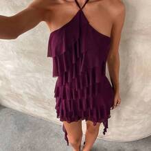 Yunuo Menswear  Nuevo vestido mini de malla con volantes asimétricos en la cintura y el bajo, estilo bohemio elegante, color púrpura, escote halter, adecuado para el Día de San Valentín y la temporada de bodas - Morado - Ver 3