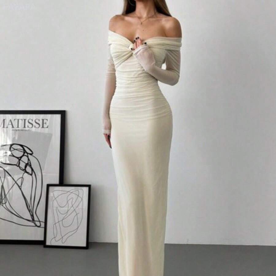 xuehuamaoyi02 Vestido romántico para cita con hombros descubiertos, con detalles de malla, nudo retorcido y fruncido, de manga larga - Albaricoque - Ver 1