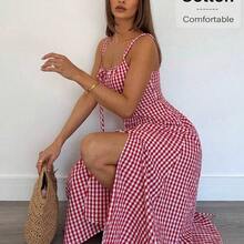 yonghongmaoyi1  Vestido a media pantorrilla con tirantes a cuadros para mujeres, de moda y apropiado para el verano - Azul marino - Ver 3