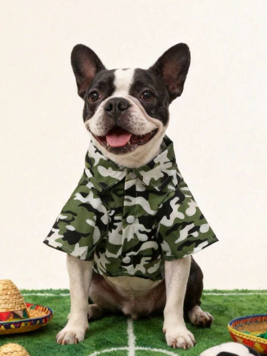 LUCKIE PAW 1件軍綠迷彩印花休閒時尚寵物襯衫狗睡衣寵物衣服,適合貓狗室內外穿著 - 彩色 - 查看 1