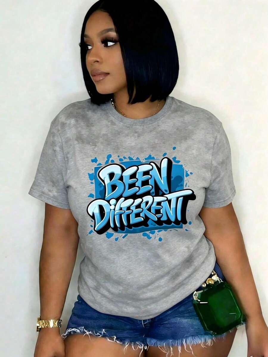 Women's Oversized Graphic Short-Sleeve T-Shirt, Blue Graffiti-Inspired Design, Comfortable Fashionable Women's Clothing, Retro Y2K Lovers, Campus Commuting, Music Festivals, Brunch Dates, Blend Top - 灰色 1 - 查看 1