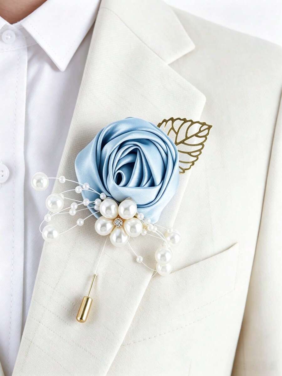 1件珍珠金葉緞帶金玫瑰新娘伴娘手腕花束胸花,適合婚禮、慶祝、節日、婚禮拍照 - 淺藍色 - 查看 1