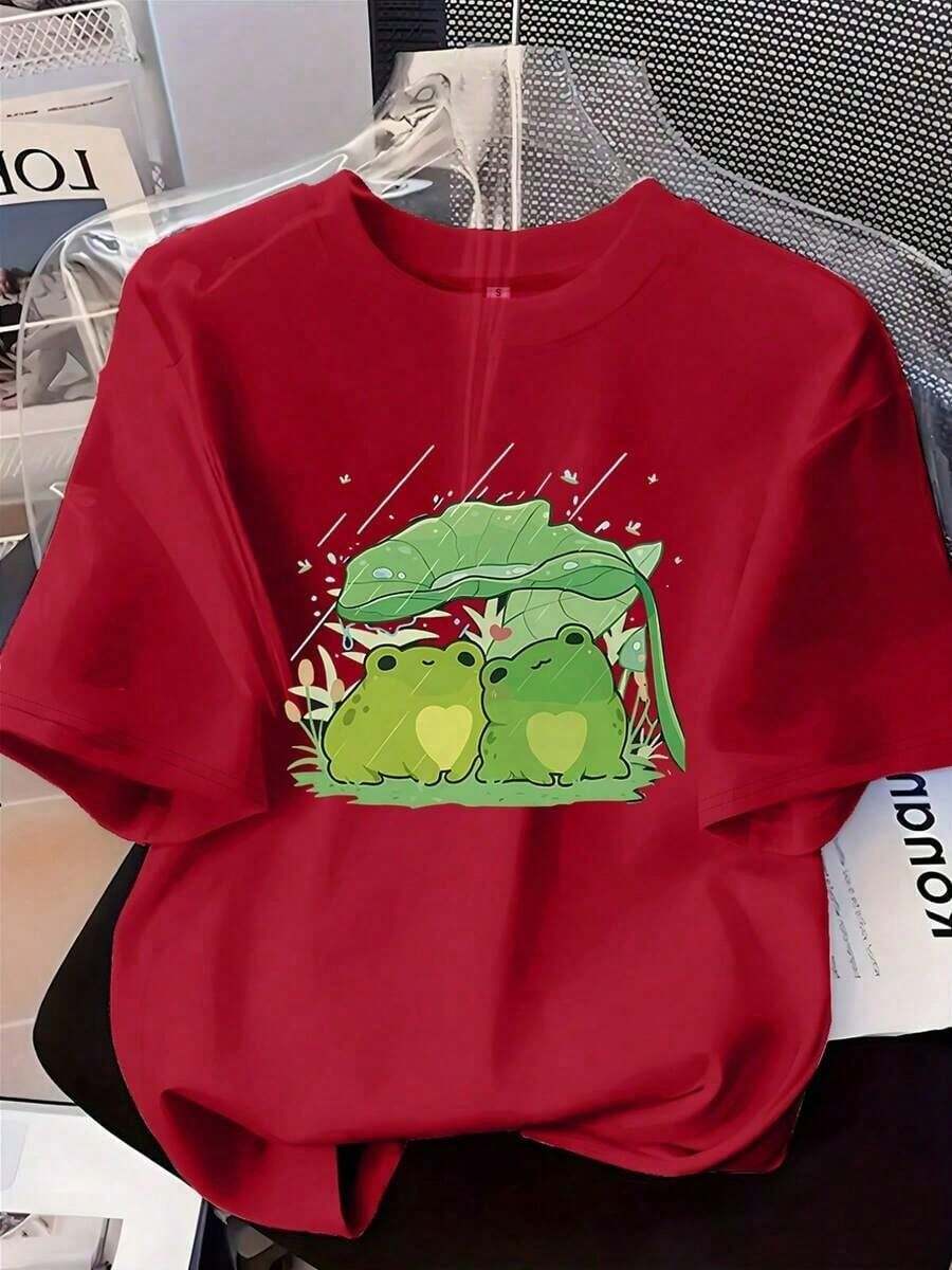 Women's Printed Short-Sleeved T-Shirt Featuring Two Frogs Joined Beneath A Lotus Leaf, Decorated With Hearts. Casual Crew Neck T-Shirt For Women, Suitable For All Seasons - Unisex Loose-Fitting Cotton Short-Sleeved Crew Neck T-Shirt, Long-Sleeved T-Shirt, Perfect For Spring, Casual Tops, Basic T-Shirt, Unisex, For Couples, Men, And Women - 紅色 - 查看 1