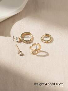 Nooxian 4pcs Gold Zirconia Earring Set, Rhinestone Ear Cuff + Single Diamond Stud + Full Rhinestone Hoop + Heart Pendant Ear Clip, Luxury Layering Style - Yellow Gold - View 5