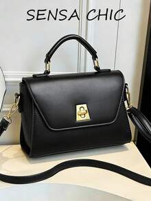New Fashion Solid Color PU Waterproof Material Contrast Color Design Twist Lock Open Portable Square Crossbody Bag For Shopping - Black - View 7