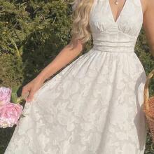 xuehuamaoyi02  MOD Vestido de gasa elegante de unicolor con cuello halter para mujer - Blanco - Ver 2